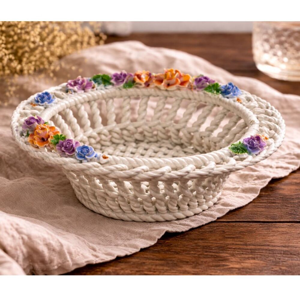 Vintage Italian Capodimonte Ceramic Braided Bowl Hand Painted Floral Cottagecore